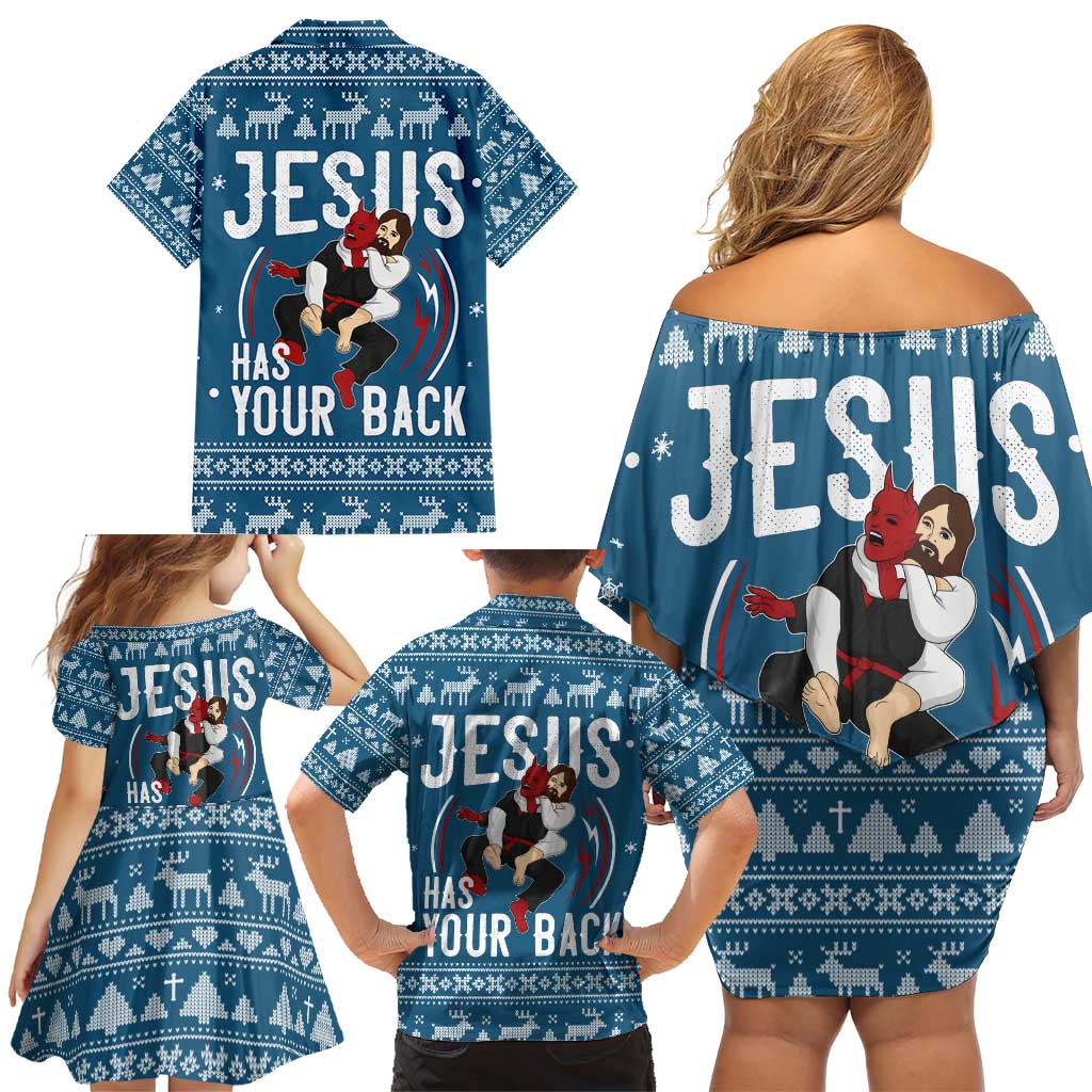 Jesus Has Your Back Jiu Jitsu Christmas Family Matching Off Shoulder Short Dress and Hawaiian Shirt Funny Xmas Holiday Patterns - Wonder Print Shop