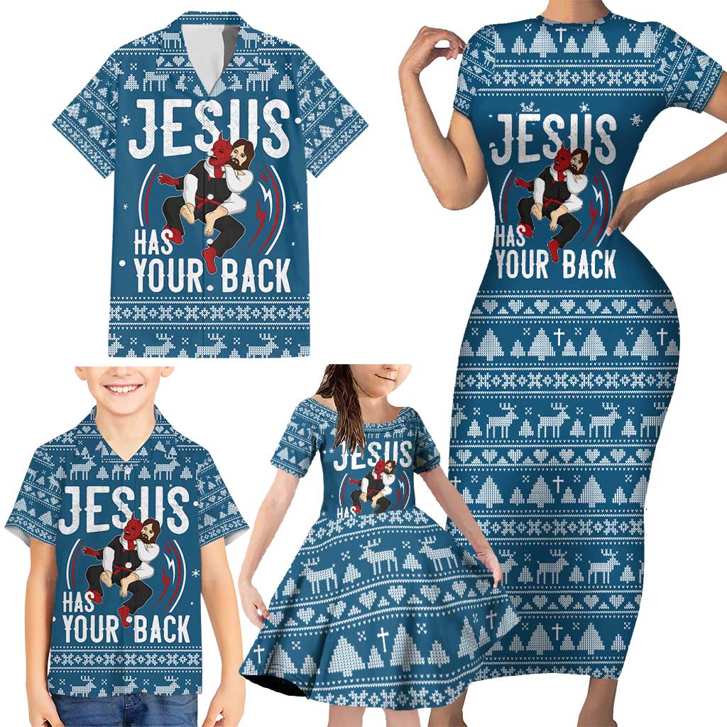 Jesus Has Your Back Jiu Jitsu Christmas Family Matching Short Sleeve Bodycon Dress and Hawaiian Shirt Funny Xmas Holiday Patterns - Wonder Print Shop