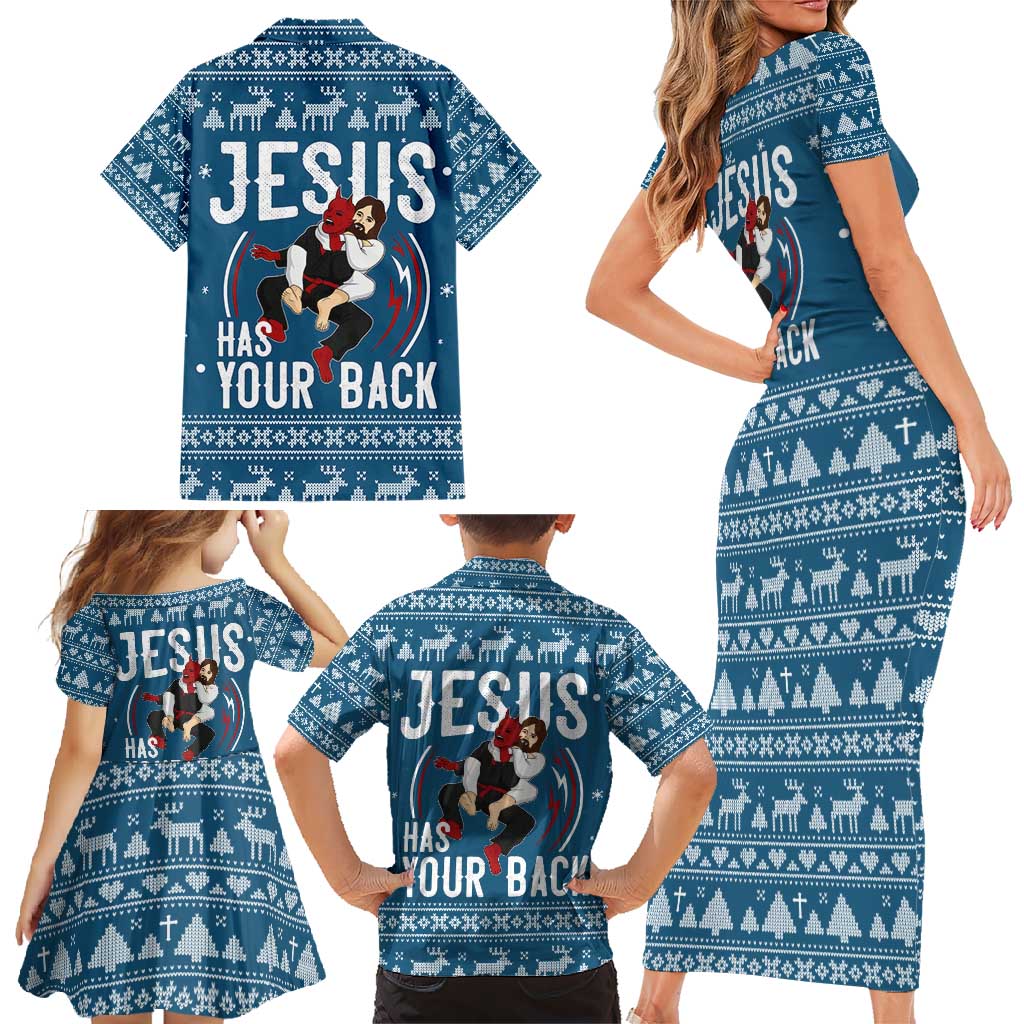 Jesus Has Your Back Jiu Jitsu Christmas Family Matching Short Sleeve Bodycon Dress and Hawaiian Shirt Funny Xmas Holiday Patterns - Wonder Print Shop