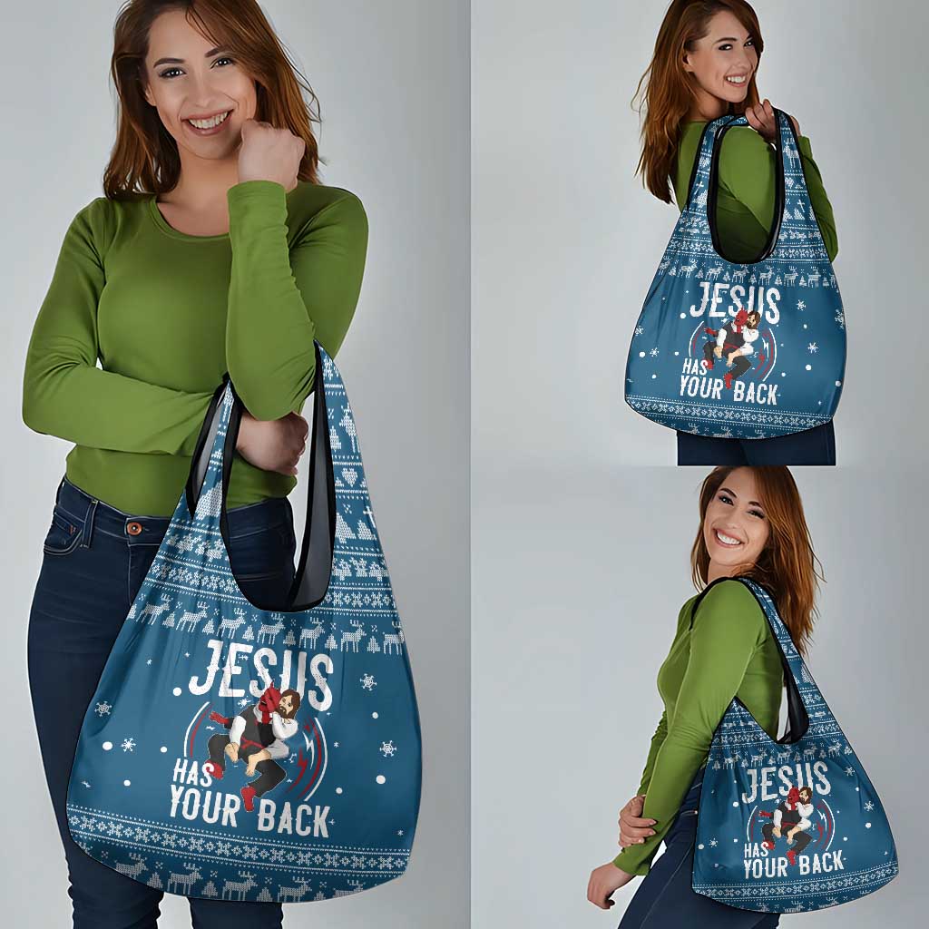 Jesus Has Your Back Jiu Jitsu Christmas Grocery Bag Funny Xmas Holiday Patterns - Wonder Print Shop