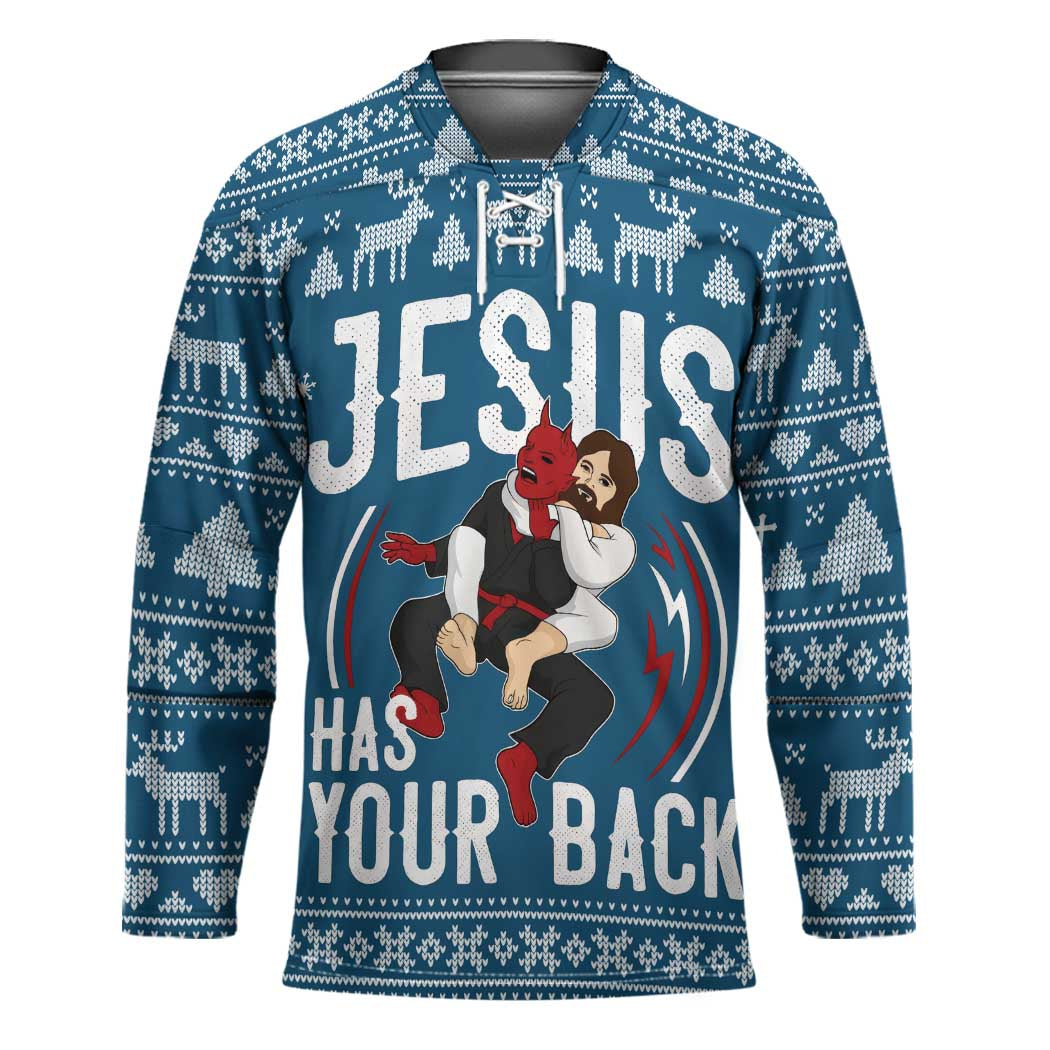 Jesus Has Your Back Jiu Jitsu Christmas Hockey Jersey Funny Xmas Holiday Patterns - Wonder Print Shop