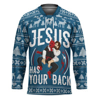 Jesus Has Your Back Jiu Jitsu Christmas Hockey Jersey Funny Xmas Holiday Patterns - Wonder Print Shop