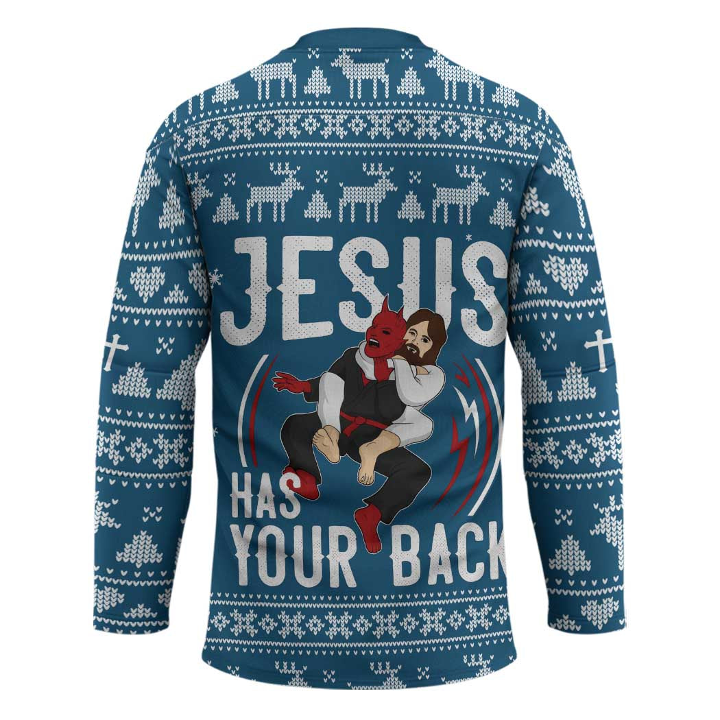 Jesus Has Your Back Jiu Jitsu Christmas Hockey Jersey Funny Xmas Holiday Patterns - Wonder Print Shop