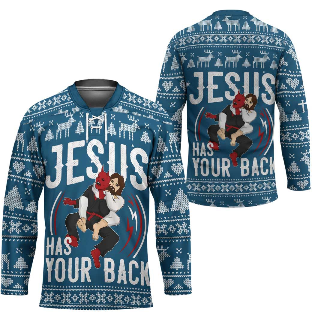 Jesus Has Your Back Jiu Jitsu Christmas Hockey Jersey Funny Xmas Holiday Patterns - Wonder Print Shop
