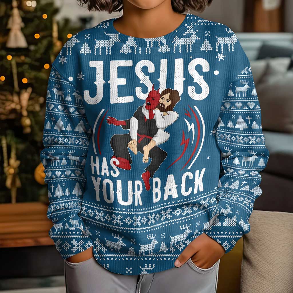 Jesus Has Your Back Jiu Jitsu Christmas Kid Ugly Christmas Sweater Funny Xmas Holiday Patterns - Wonder Print Shop