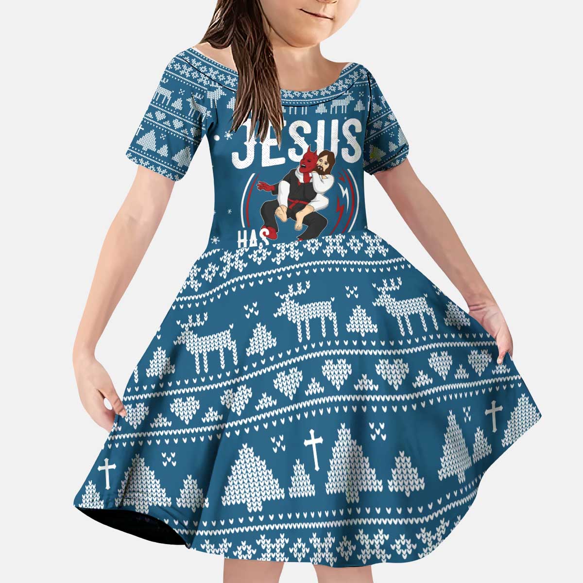 Jesus Has Your Back Jiu Jitsu Christmas Kid Short Sleeve Dress Funny Xmas Holiday Patterns - Wonder Print Shop