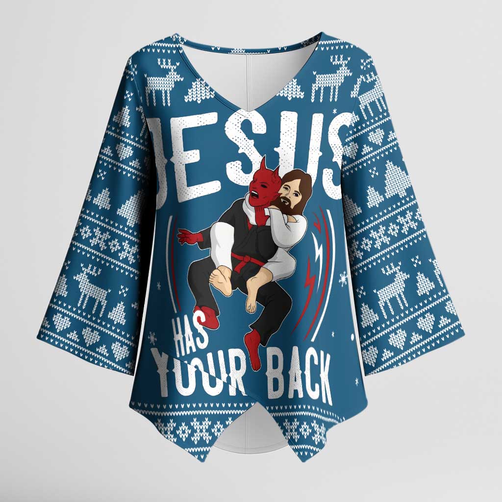 Jesus Has Your Back Jiu Jitsu Christmas Kimono Sleeve Blouse Funny Xmas Holiday Patterns - Wonder Print Shop
