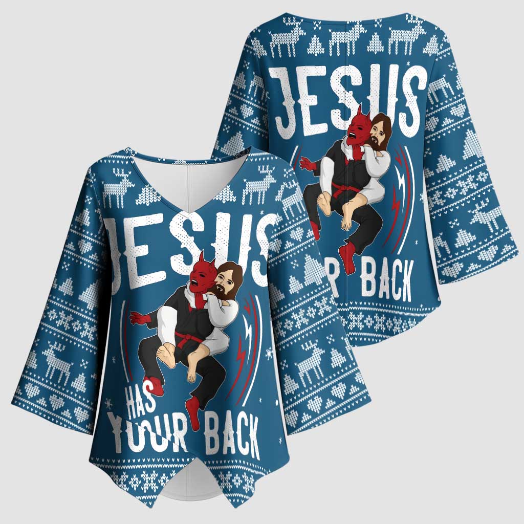 Jesus Has Your Back Jiu Jitsu Christmas Kimono Sleeve Blouse Funny Xmas Holiday Patterns - Wonder Print Shop