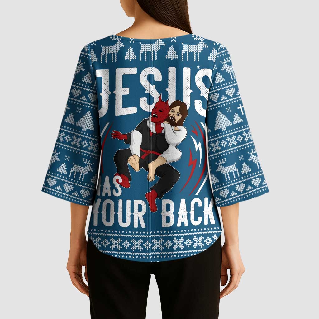 Jesus Has Your Back Jiu Jitsu Christmas Kimono Sleeve Blouse Funny Xmas Holiday Patterns - Wonder Print Shop