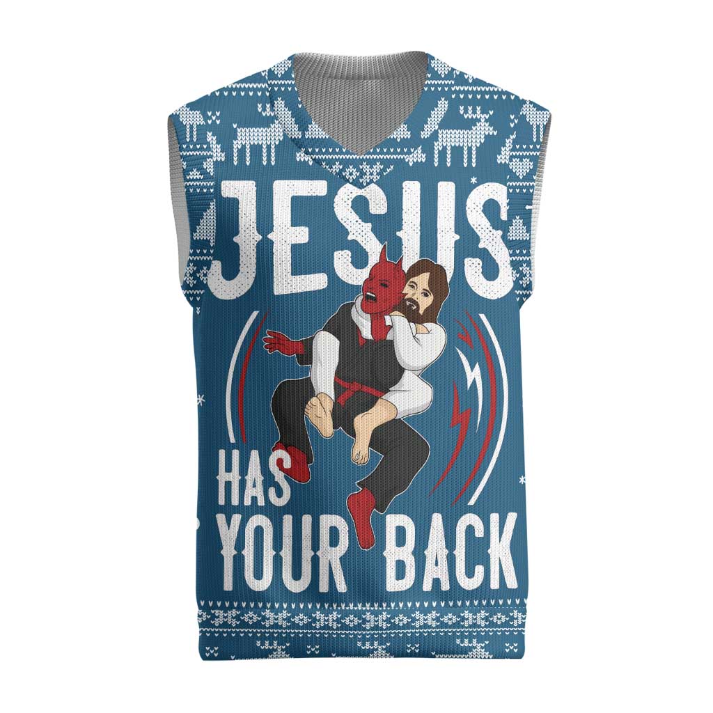 Jesus Has Your Back Jiu Jitsu Christmas Knitted V-Neck Vest Funny Xmas Holiday Patterns - Wonder Print Shop