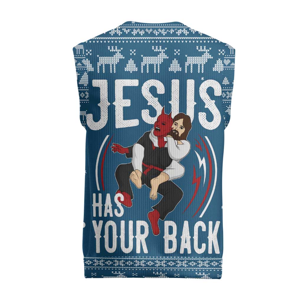 Jesus Has Your Back Jiu Jitsu Christmas Knitted V-Neck Vest Funny Xmas Holiday Patterns - Wonder Print Shop