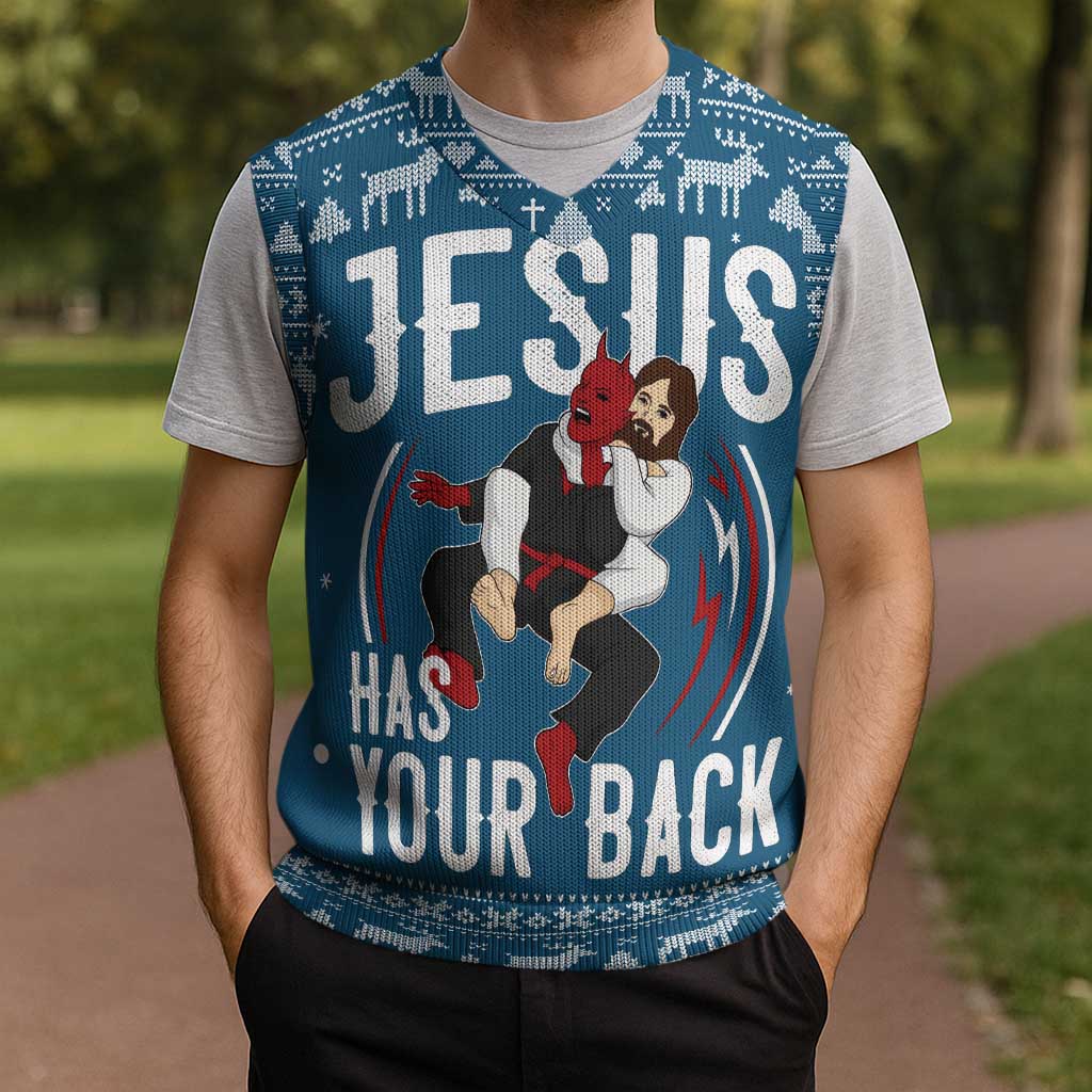 Jesus Has Your Back Jiu Jitsu Christmas Knitted V-Neck Vest Funny Xmas Holiday Patterns - Wonder Print Shop