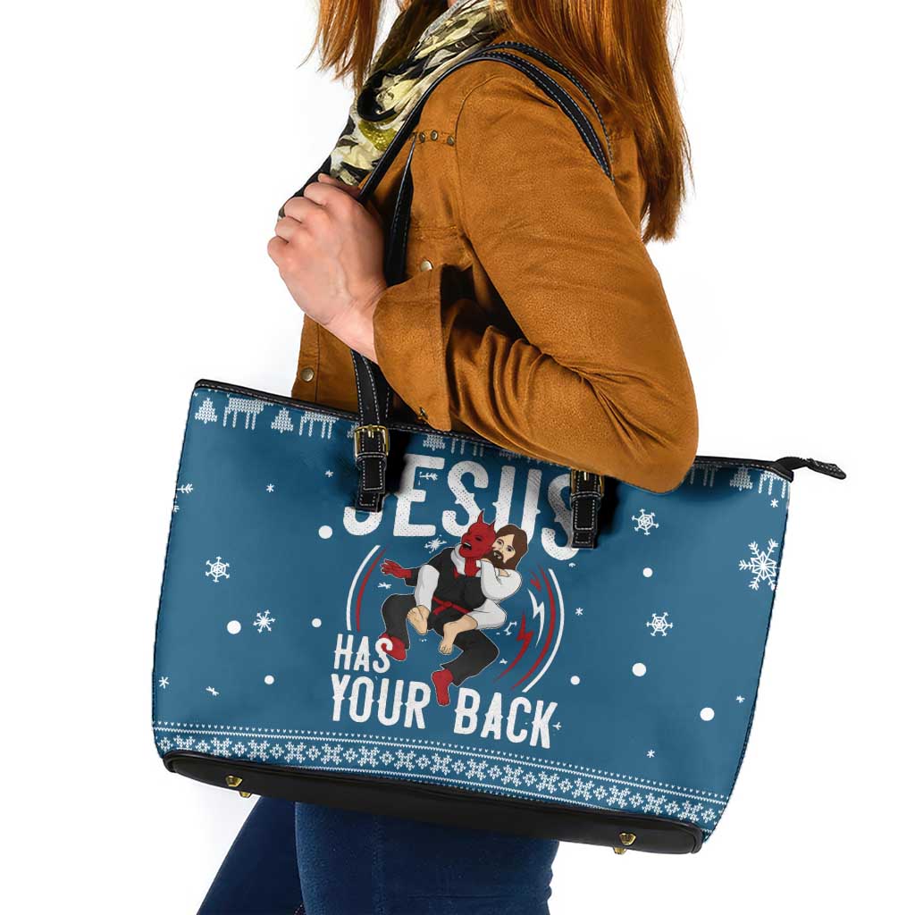 Jesus Has Your Back Jiu Jitsu Christmas Leather Tote Bag Funny Xmas Holiday Patterns - Wonder Print Shop