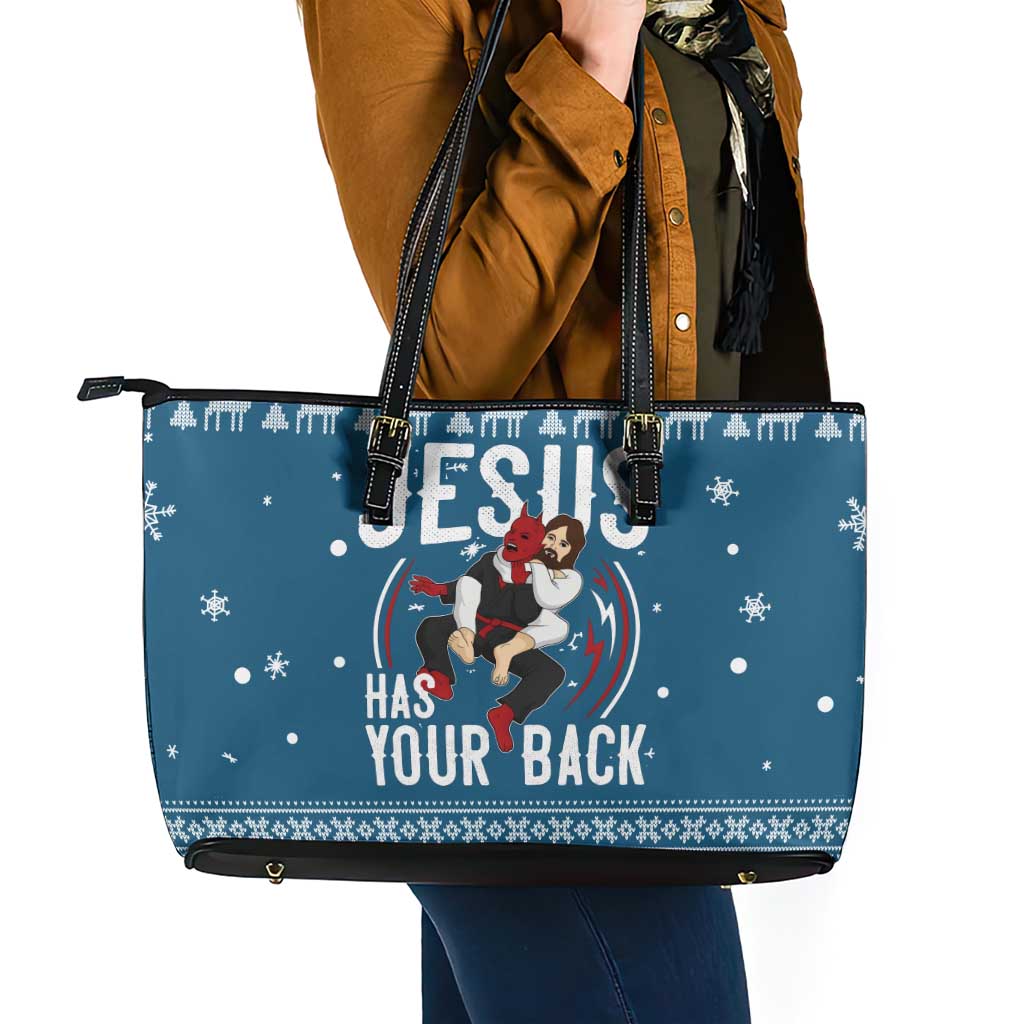 Jesus Has Your Back Jiu Jitsu Christmas Leather Tote Bag Funny Xmas Holiday Patterns - Wonder Print Shop