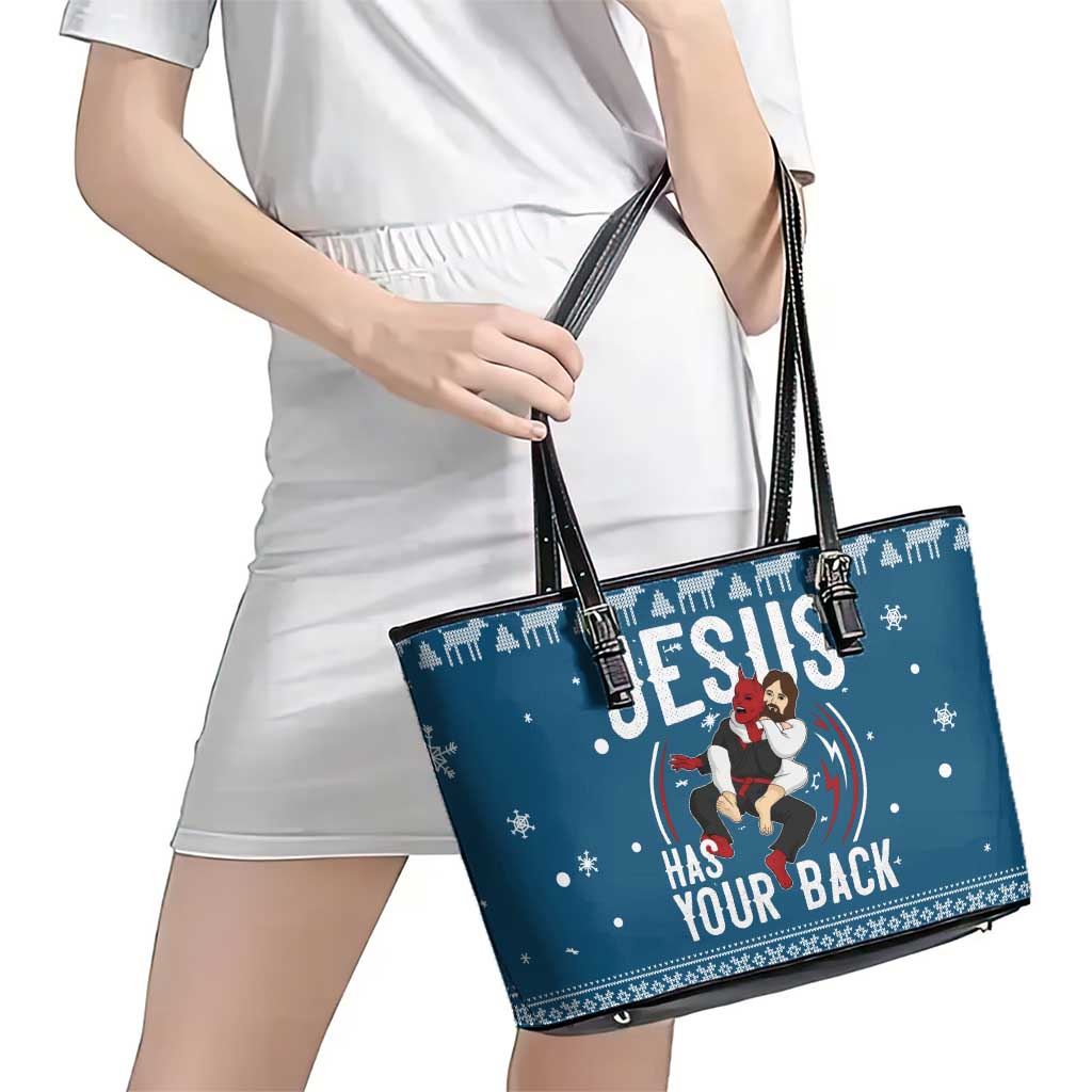 Jesus Has Your Back Jiu Jitsu Christmas Leather Tote Bag Funny Xmas Holiday Patterns - Wonder Print Shop