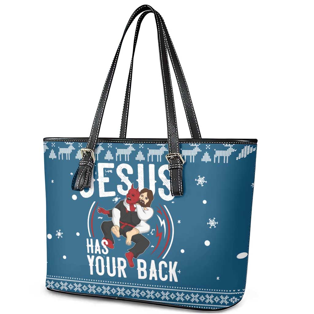 Jesus Has Your Back Jiu Jitsu Christmas Leather Tote Bag Funny Xmas Holiday Patterns - Wonder Print Shop
