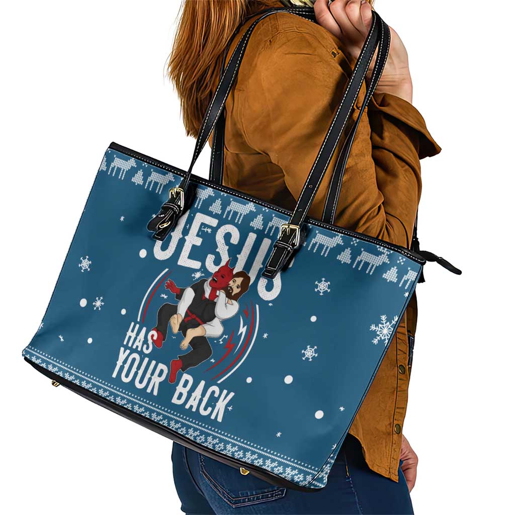 Jesus Has Your Back Jiu Jitsu Christmas Leather Tote Bag Funny Xmas Holiday Patterns - Wonder Print Shop