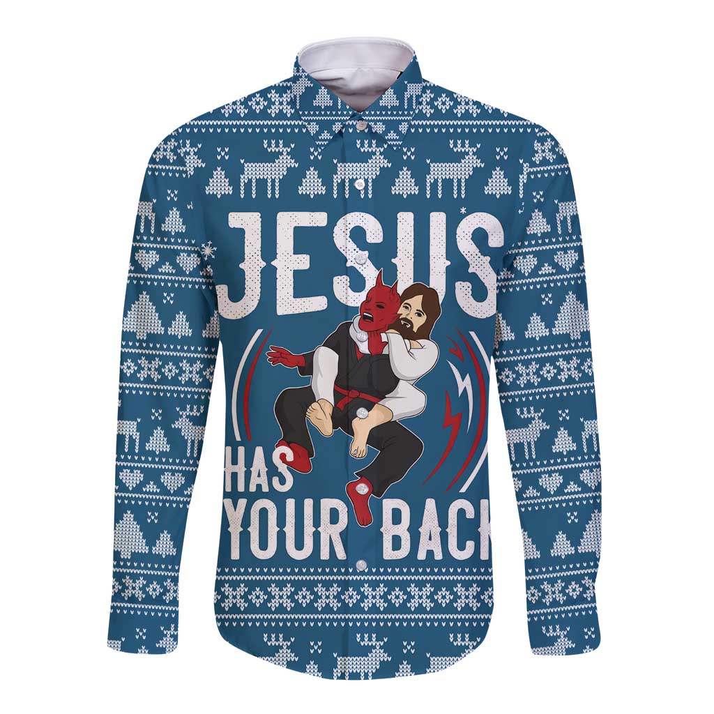 Jesus Has Your Back Jiu Jitsu Christmas Long Sleeve Button Shirt Funny Xmas Holiday Patterns - Wonder Print Shop