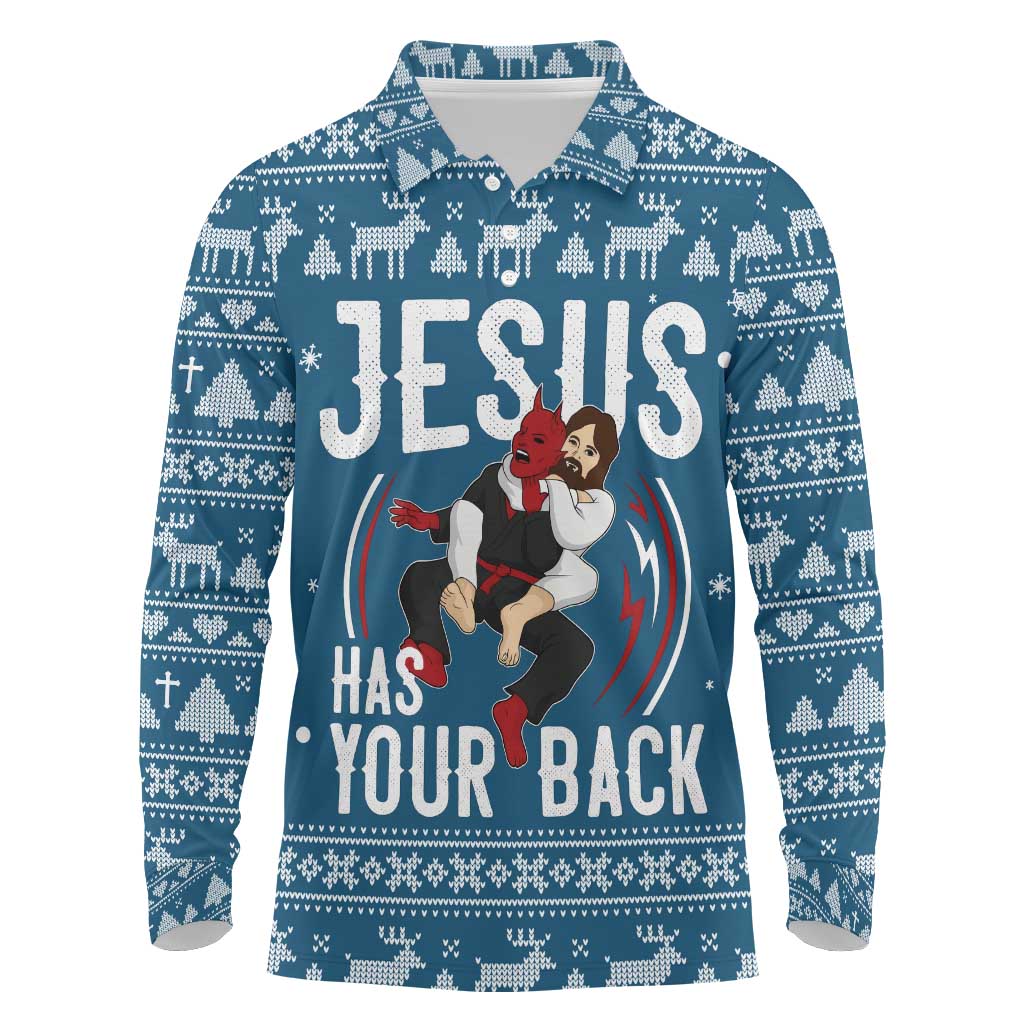 Jesus Has Your Back Jiu Jitsu Christmas Long Sleeve Polo Shirt Funny Xmas Holiday Patterns - Wonder Print Shop