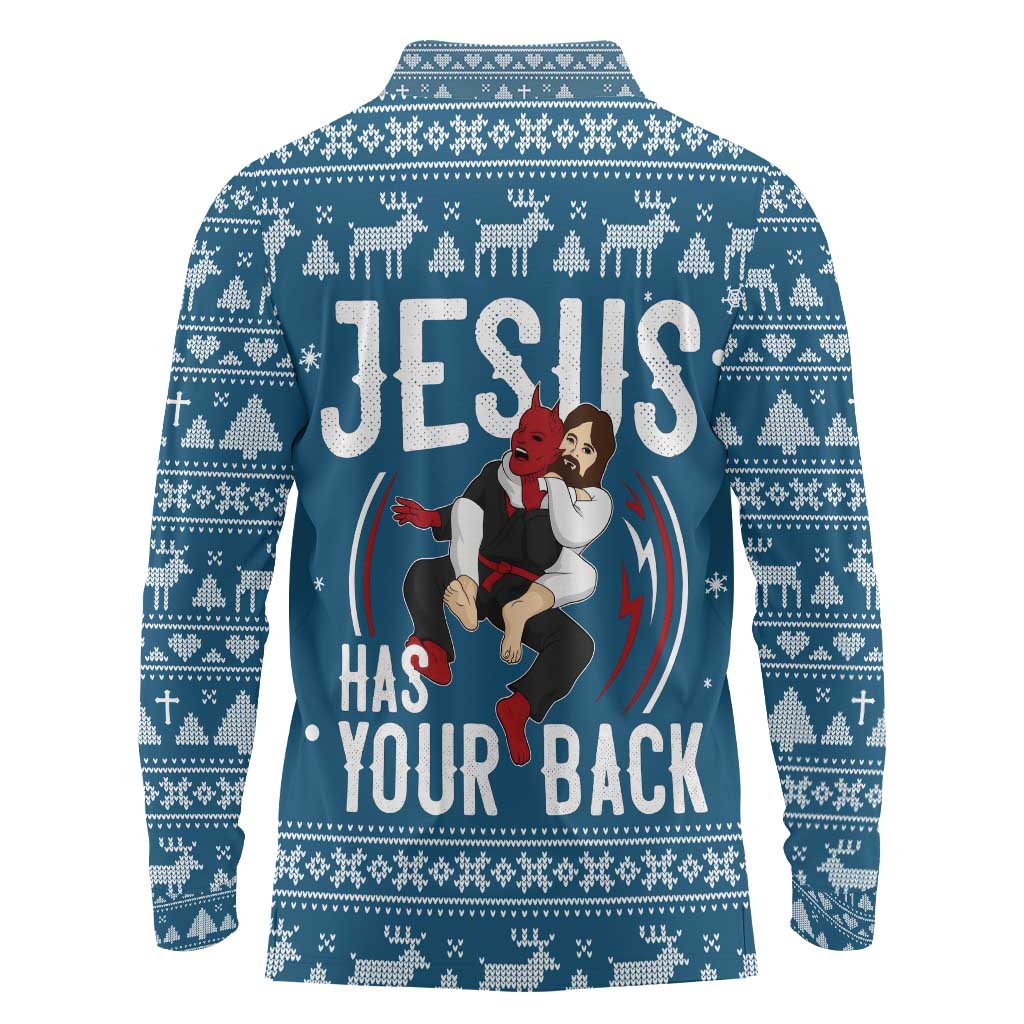 Jesus Has Your Back Jiu Jitsu Christmas Long Sleeve Polo Shirt Funny Xmas Holiday Patterns - Wonder Print Shop