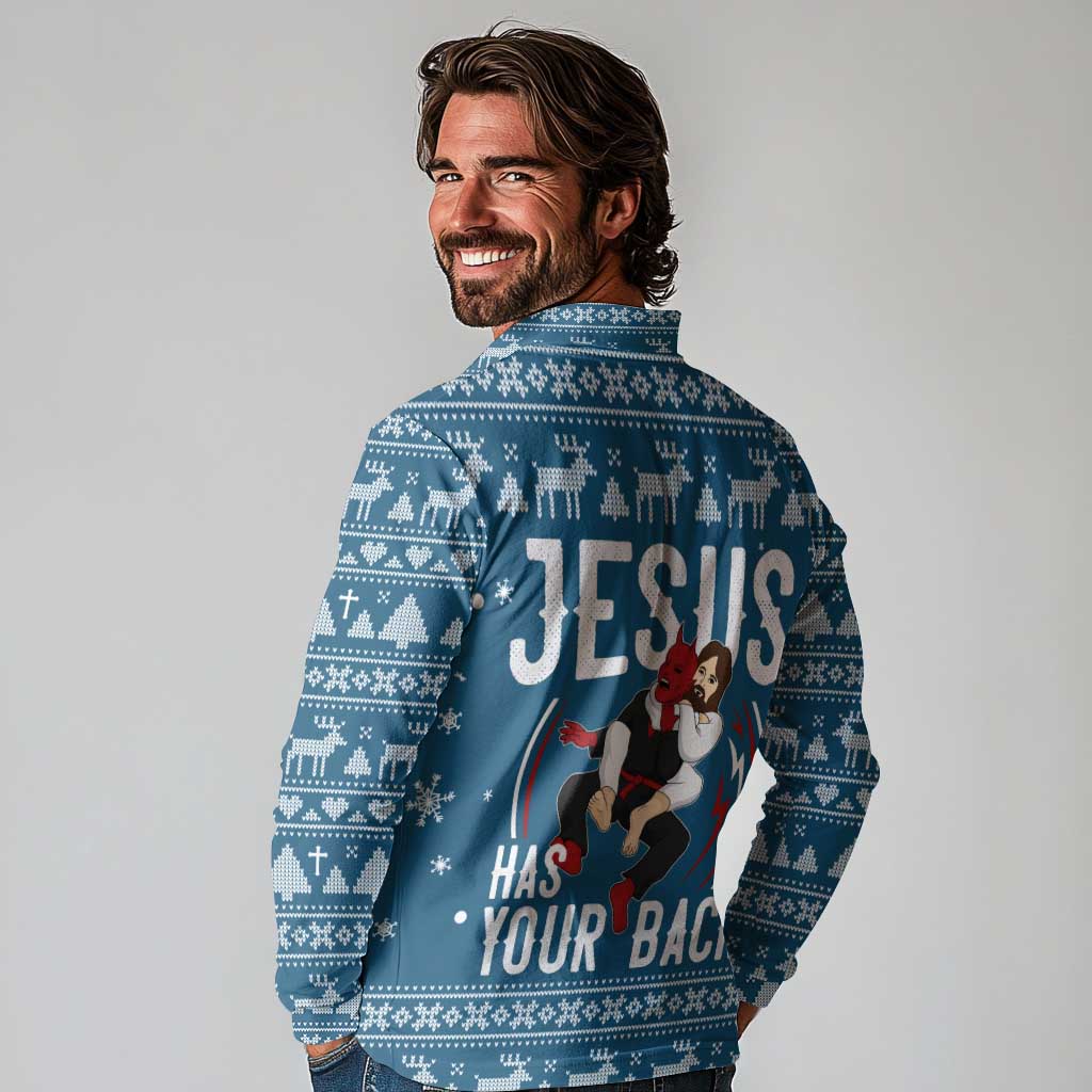 Jesus Has Your Back Jiu Jitsu Christmas Long Sleeve Polo Shirt Funny Xmas Holiday Patterns - Wonder Print Shop
