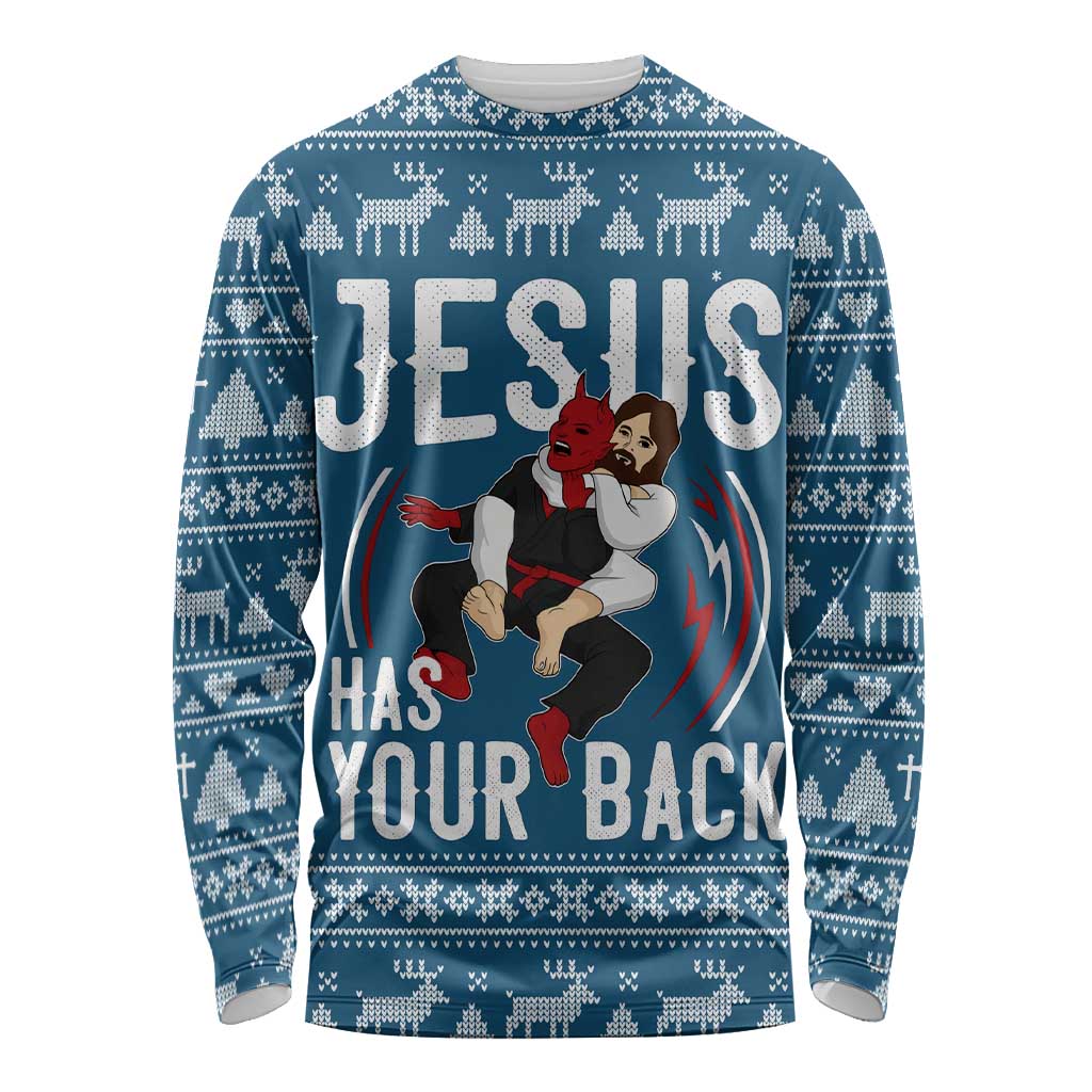 Jesus Has Your Back Jiu Jitsu Christmas Long Sleeve Shirt Funny Xmas Holiday Patterns - Wonder Print Shop