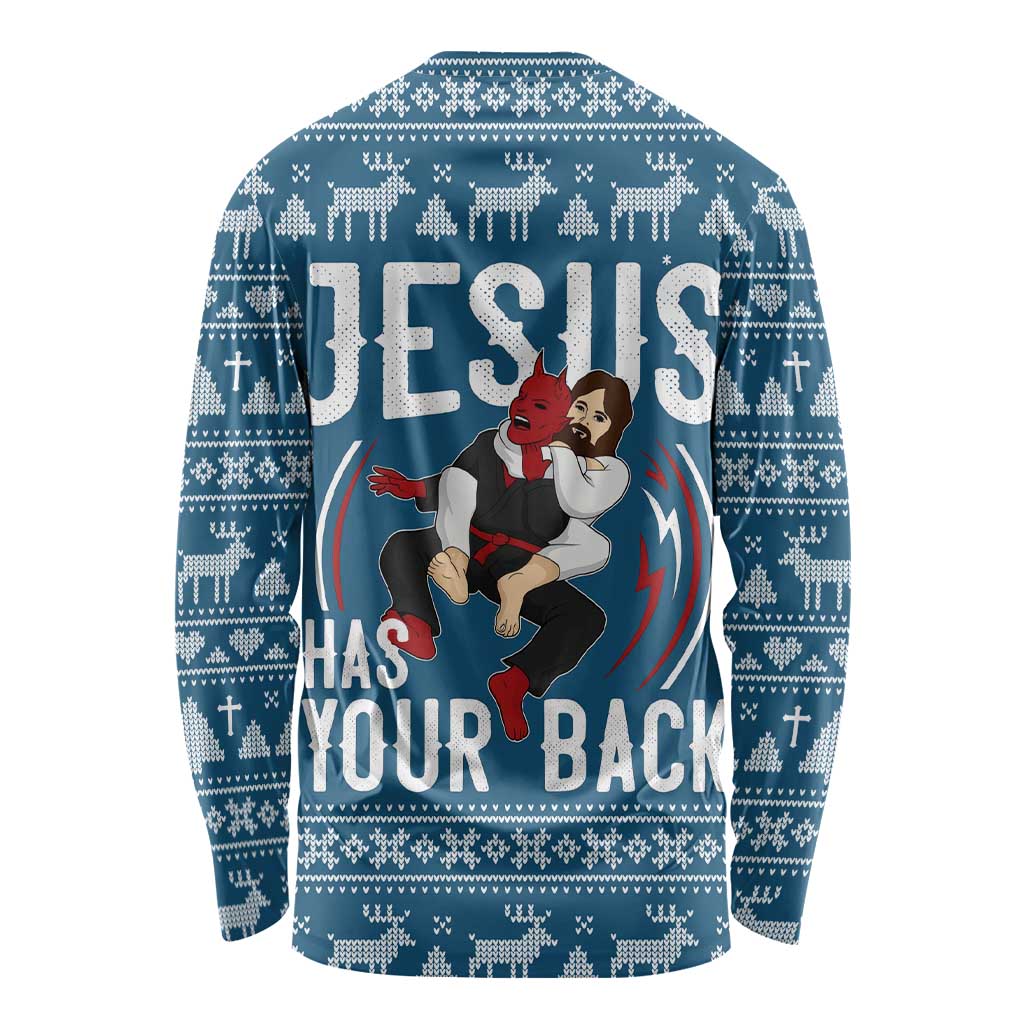 Jesus Has Your Back Jiu Jitsu Christmas Long Sleeve Shirt Funny Xmas Holiday Patterns - Wonder Print Shop