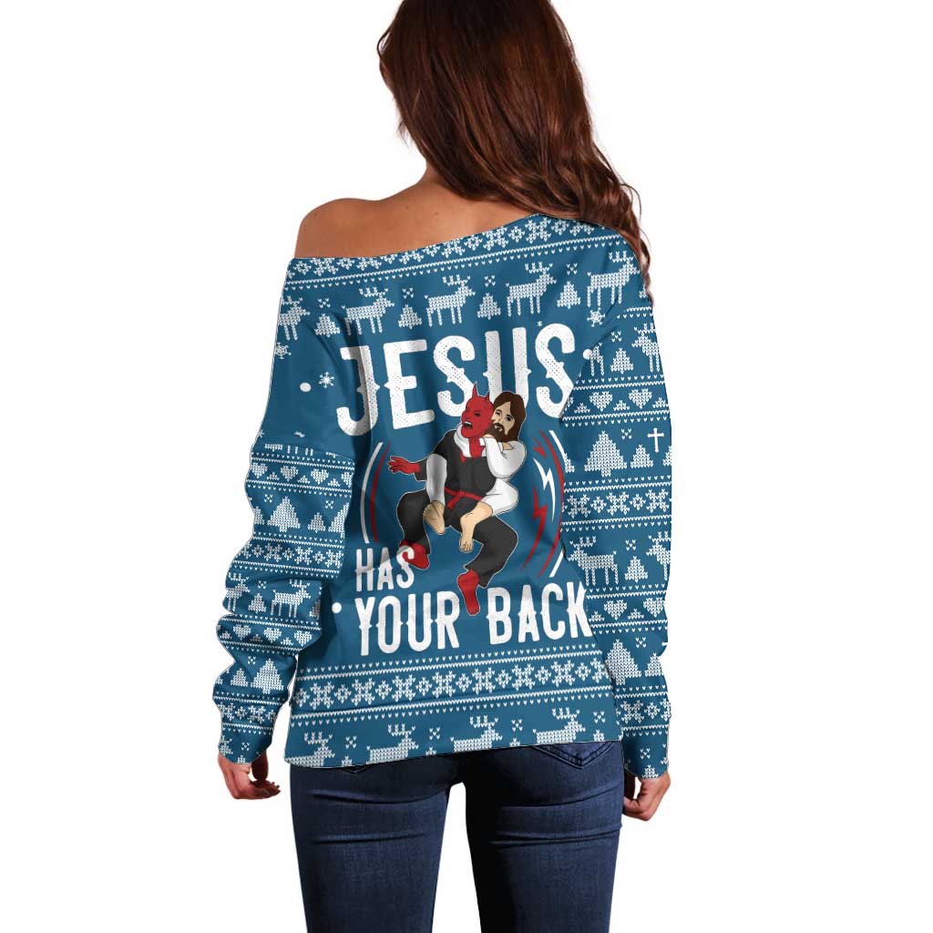 Jesus Has Your Back Jiu Jitsu Christmas Off Shoulder Sweater Funny Xmas Holiday Patterns - Wonder Print Shop