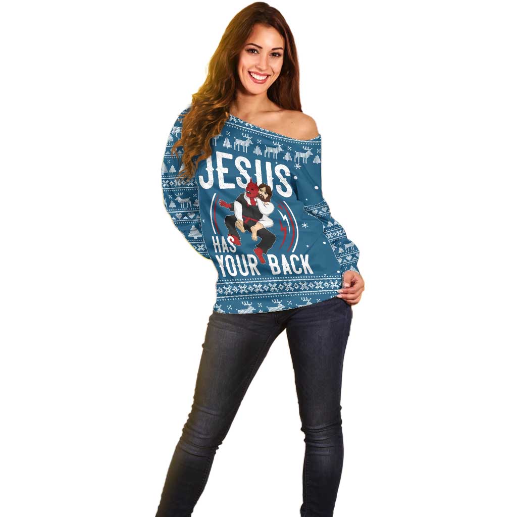 Jesus Has Your Back Jiu Jitsu Christmas Off Shoulder Sweater Funny Xmas Holiday Patterns - Wonder Print Shop