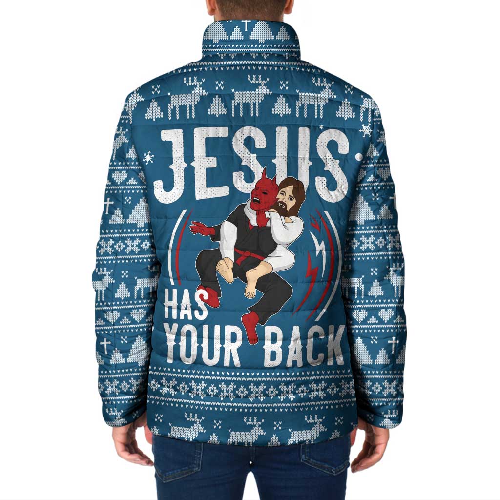 Jesus Has Your Back Jiu Jitsu Christmas Padded Jacket Funny Xmas Holiday Patterns - Wonder Print Shop
