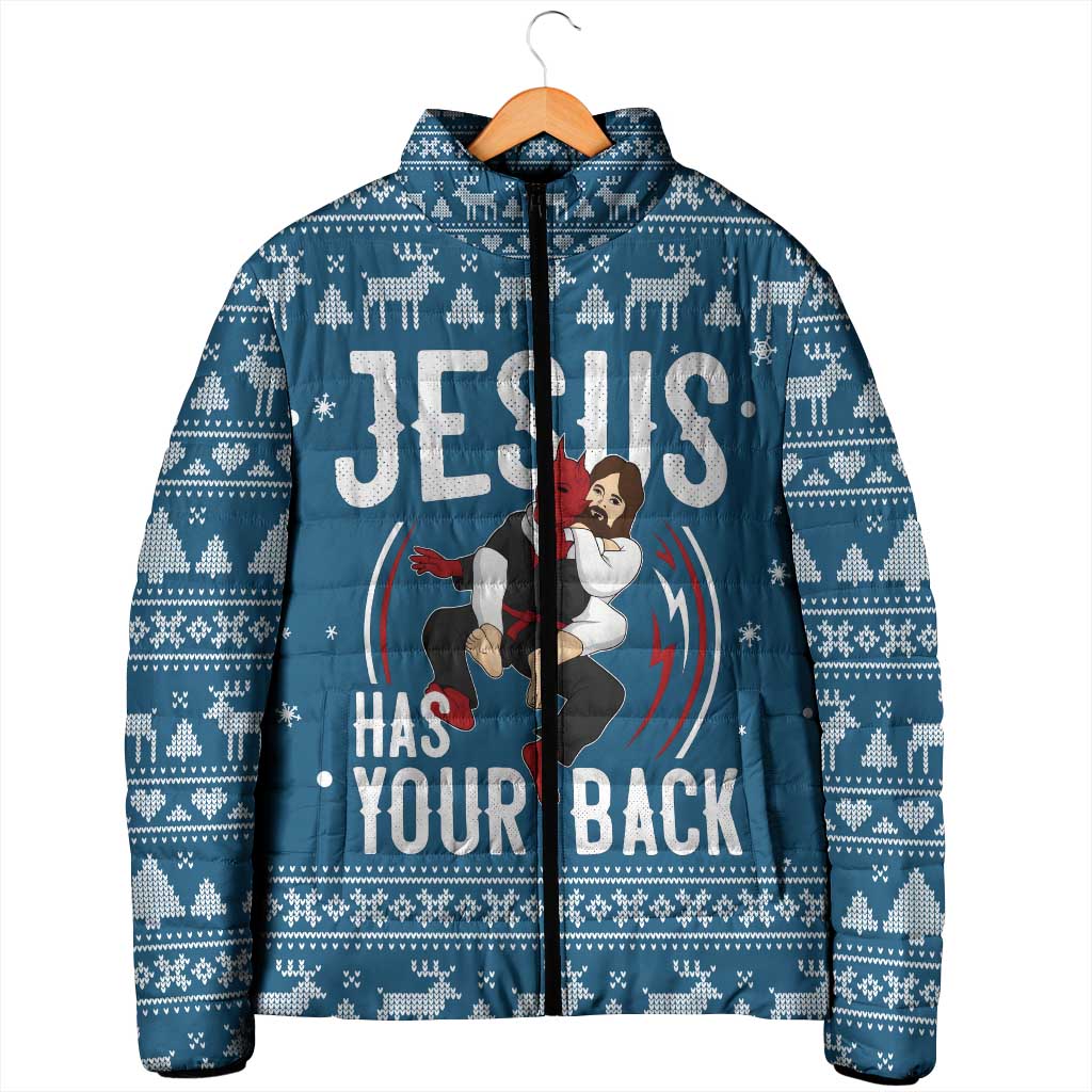 Jesus Has Your Back Jiu Jitsu Christmas Padded Jacket Funny Xmas Holiday Patterns - Wonder Print Shop