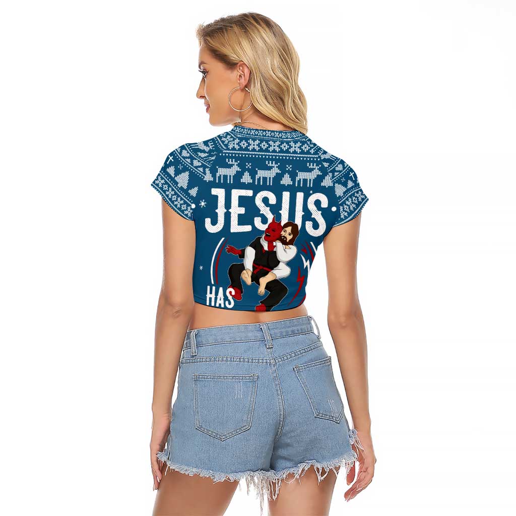 Jesus Has Your Back Jiu Jitsu Christmas Raglan Cropped T Shirt Funny Xmas Holiday Patterns - Wonder Print Shop