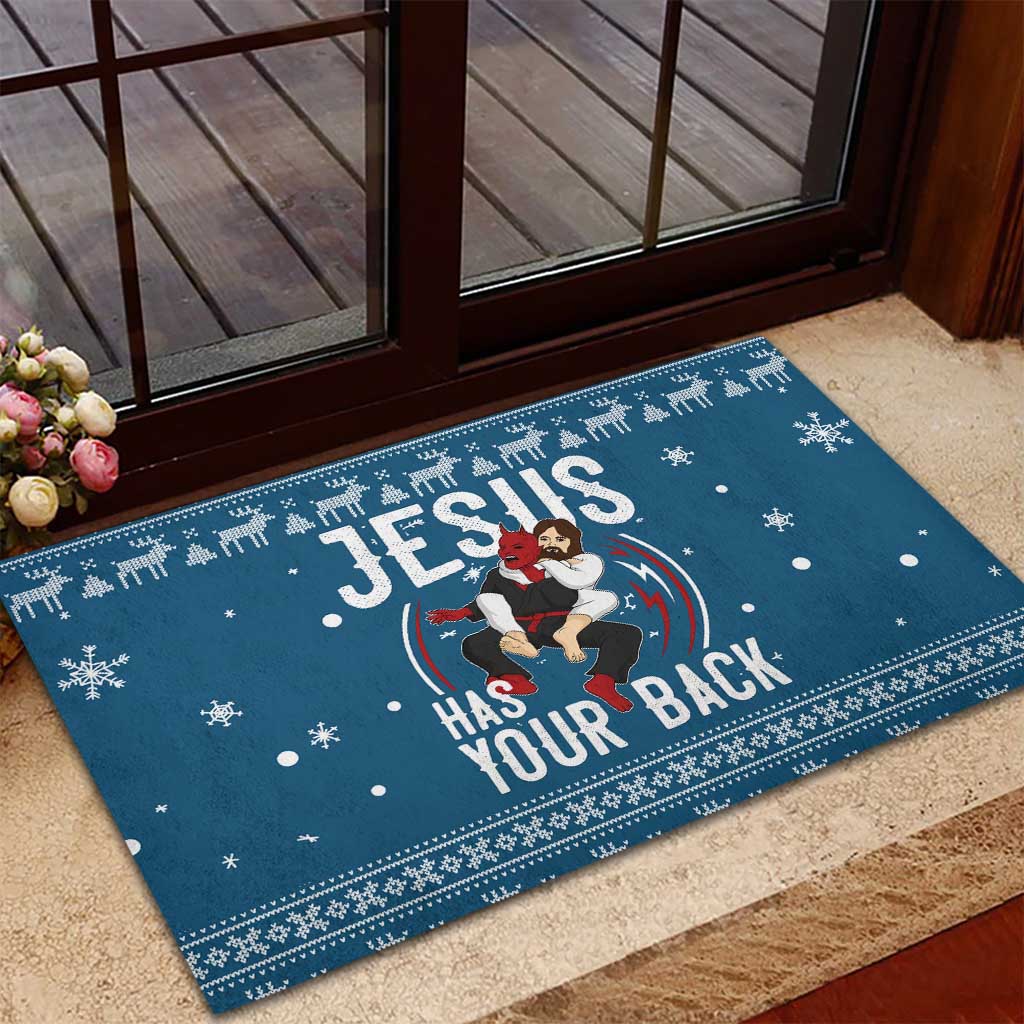 Jesus Has Your Back Jiu Jitsu Christmas Rubber Doormat Funny Xmas Holiday Patterns - Wonder Print Shop