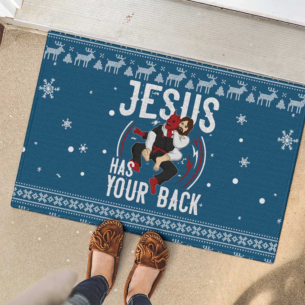Jesus Has Your Back Jiu Jitsu Christmas Rubber Doormat Funny Xmas Holiday Patterns - Wonder Print Shop