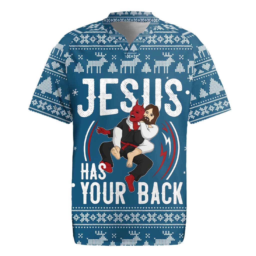 Jesus Has Your Back Jiu Jitsu Christmas Rugby Jersey Funny Xmas Holiday Patterns - Wonder Print Shop