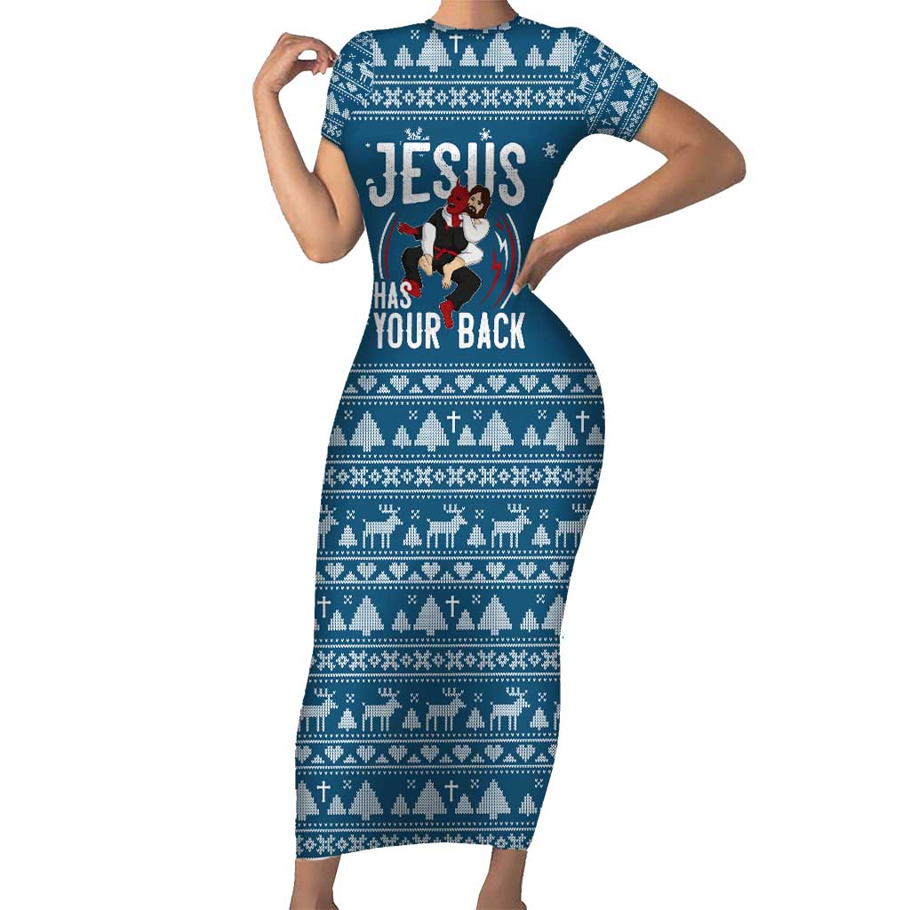 Jesus Has Your Back Jiu Jitsu Christmas Short Sleeve Bodycon Dress Funny Xmas Holiday Patterns - Wonder Print Shop