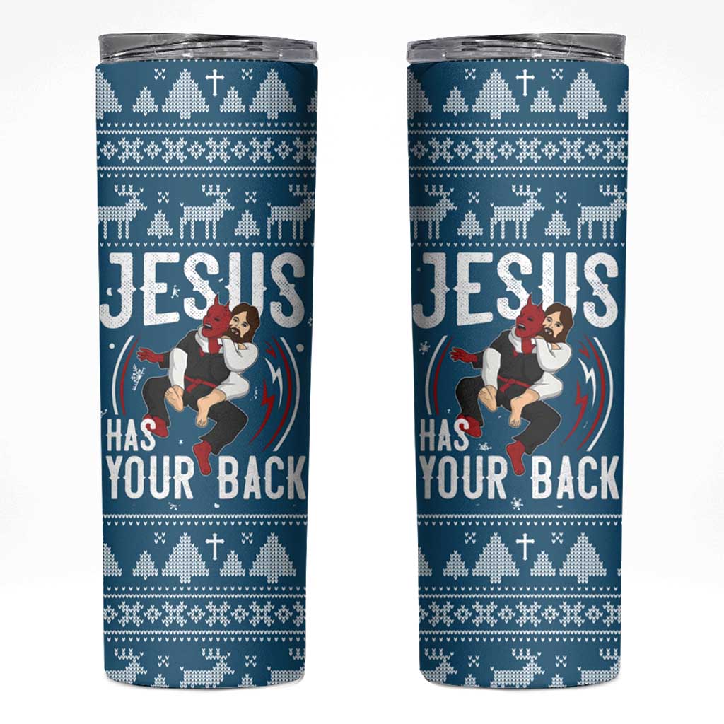 Jesus Has Your Back Jiu Jitsu Christmas Skinny Tumbler Funny Xmas Holiday Patterns - Wonder Print Shop