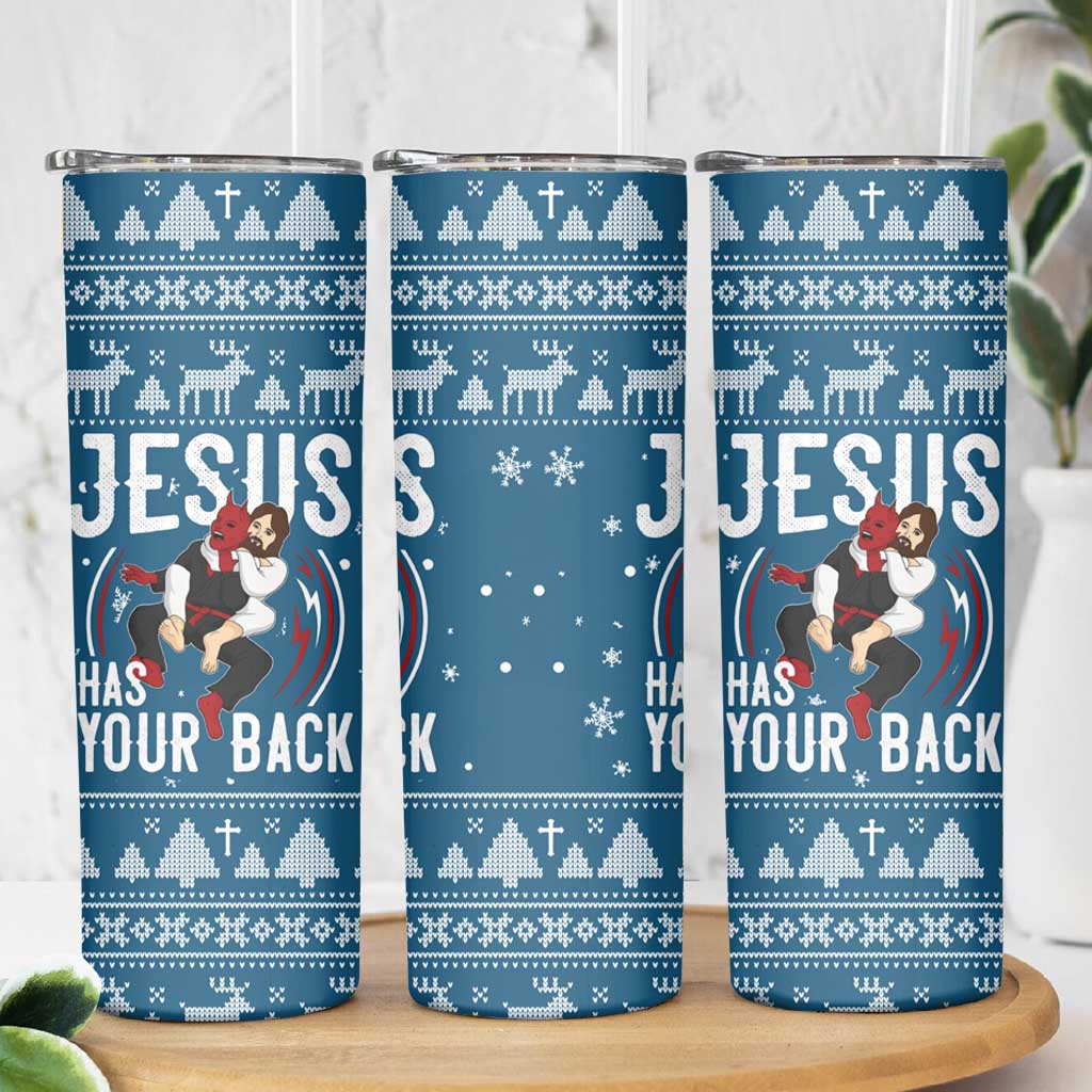 Jesus Has Your Back Jiu Jitsu Christmas Skinny Tumbler Funny Xmas Holiday Patterns - Wonder Print Shop