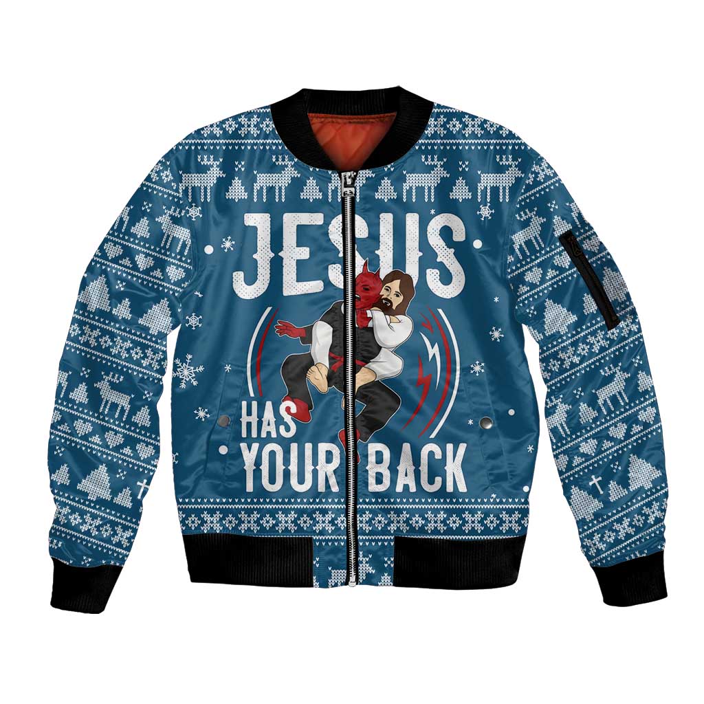 Jesus Has Your Back Jiu Jitsu Christmas Sleeve Zip Bomber Jacket Funny Xmas Holiday Patterns - Wonder Print Shop