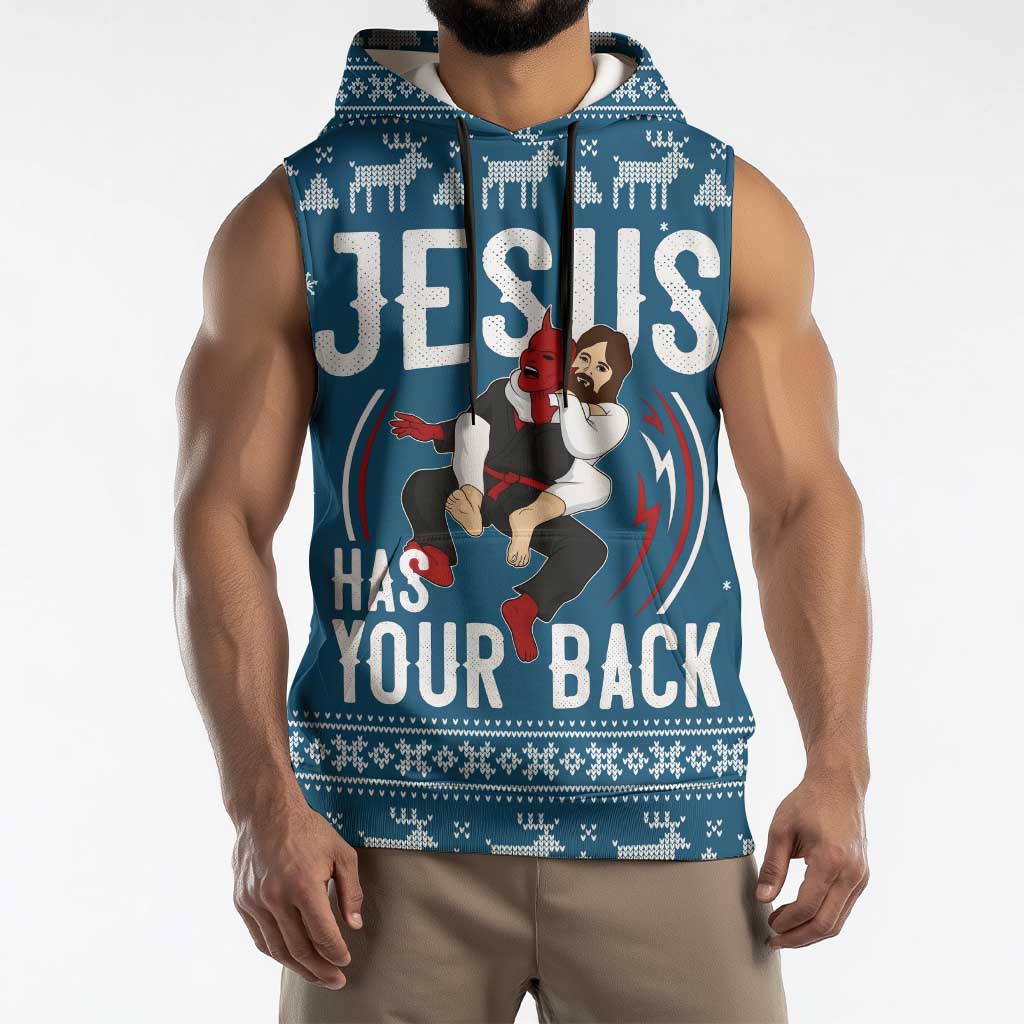 Jesus Has Your Back Jiu Jitsu Christmas Sleeveless Hoodie Funny Xmas Holiday Patterns - Wonder Print Shop