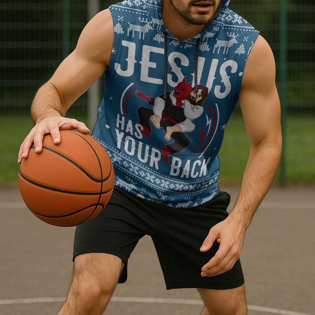 Jesus Has Your Back Jiu Jitsu Christmas Sleeveless Hoodie Funny Xmas Holiday Patterns - Wonder Print Shop