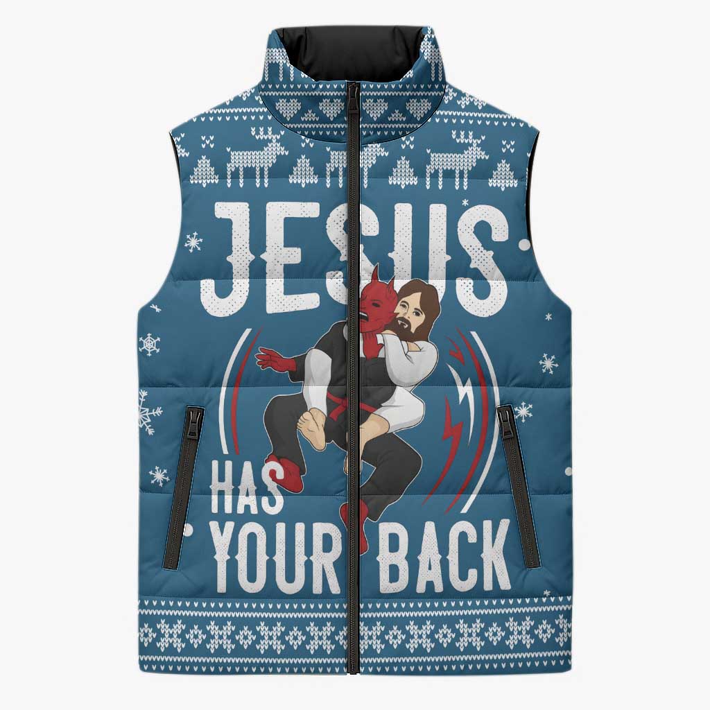Jesus Has Your Back Jiu Jitsu Christmas Sleeveless Puffer Jacket Funny Xmas Holiday Patterns - Wonder Print Shop