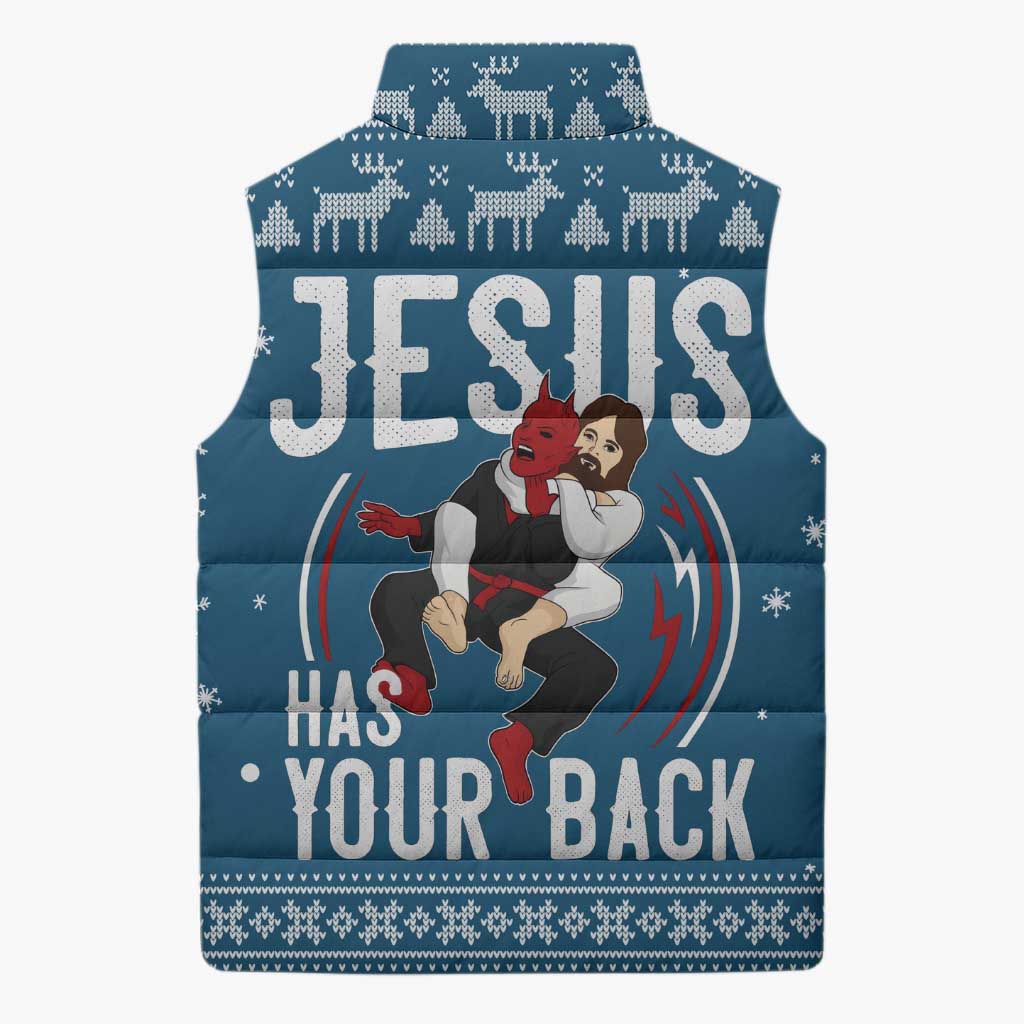 Jesus Has Your Back Jiu Jitsu Christmas Sleeveless Puffer Jacket Funny Xmas Holiday Patterns - Wonder Print Shop
