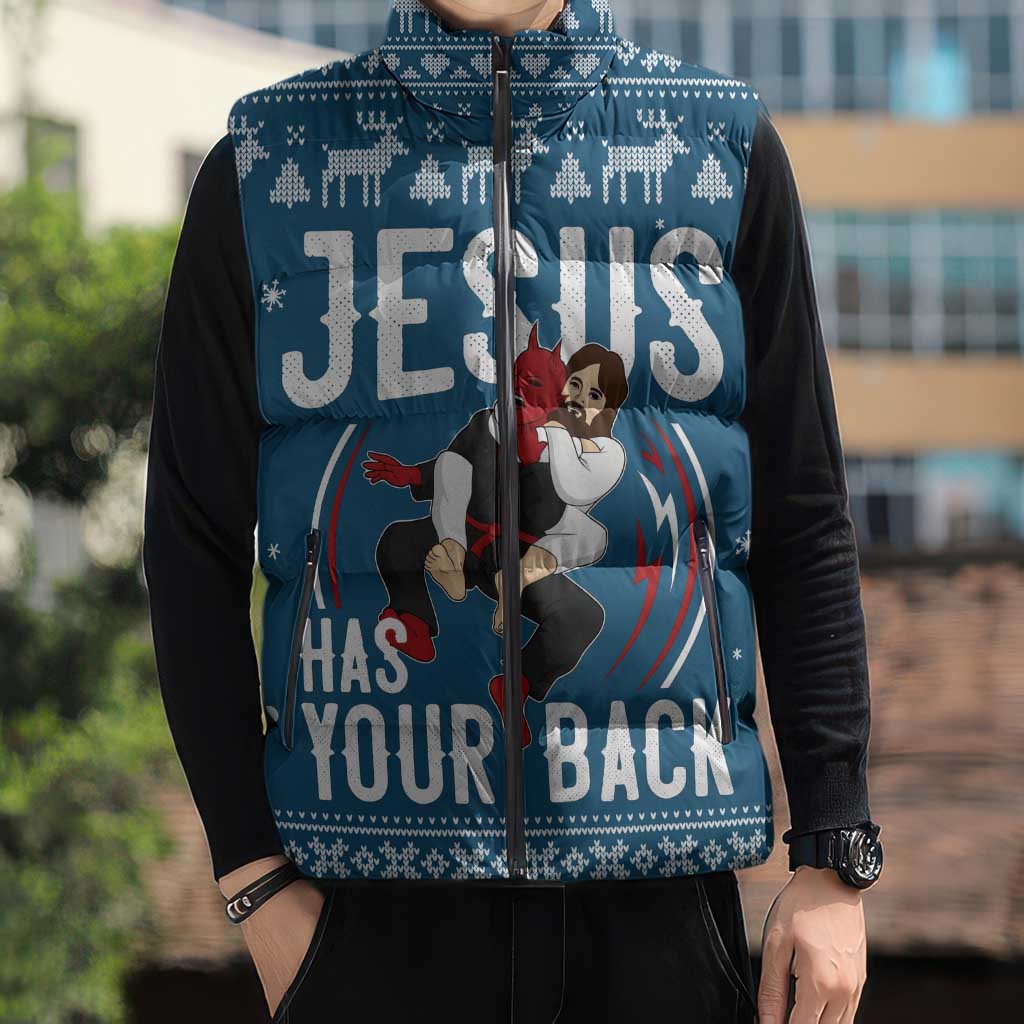Jesus Has Your Back Jiu Jitsu Christmas Sleeveless Puffer Jacket Funny Xmas Holiday Patterns - Wonder Print Shop