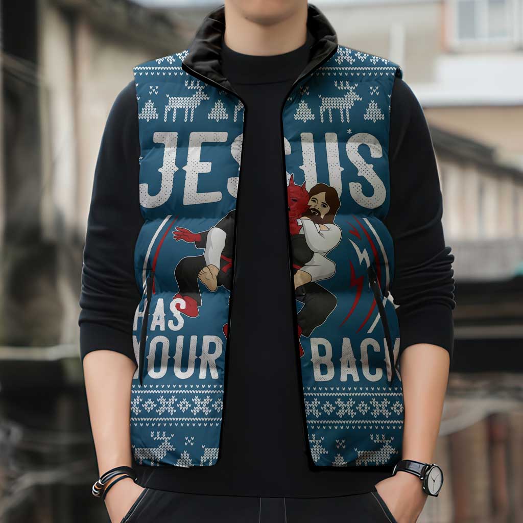 Jesus Has Your Back Jiu Jitsu Christmas Sleeveless Puffer Jacket Funny Xmas Holiday Patterns - Wonder Print Shop