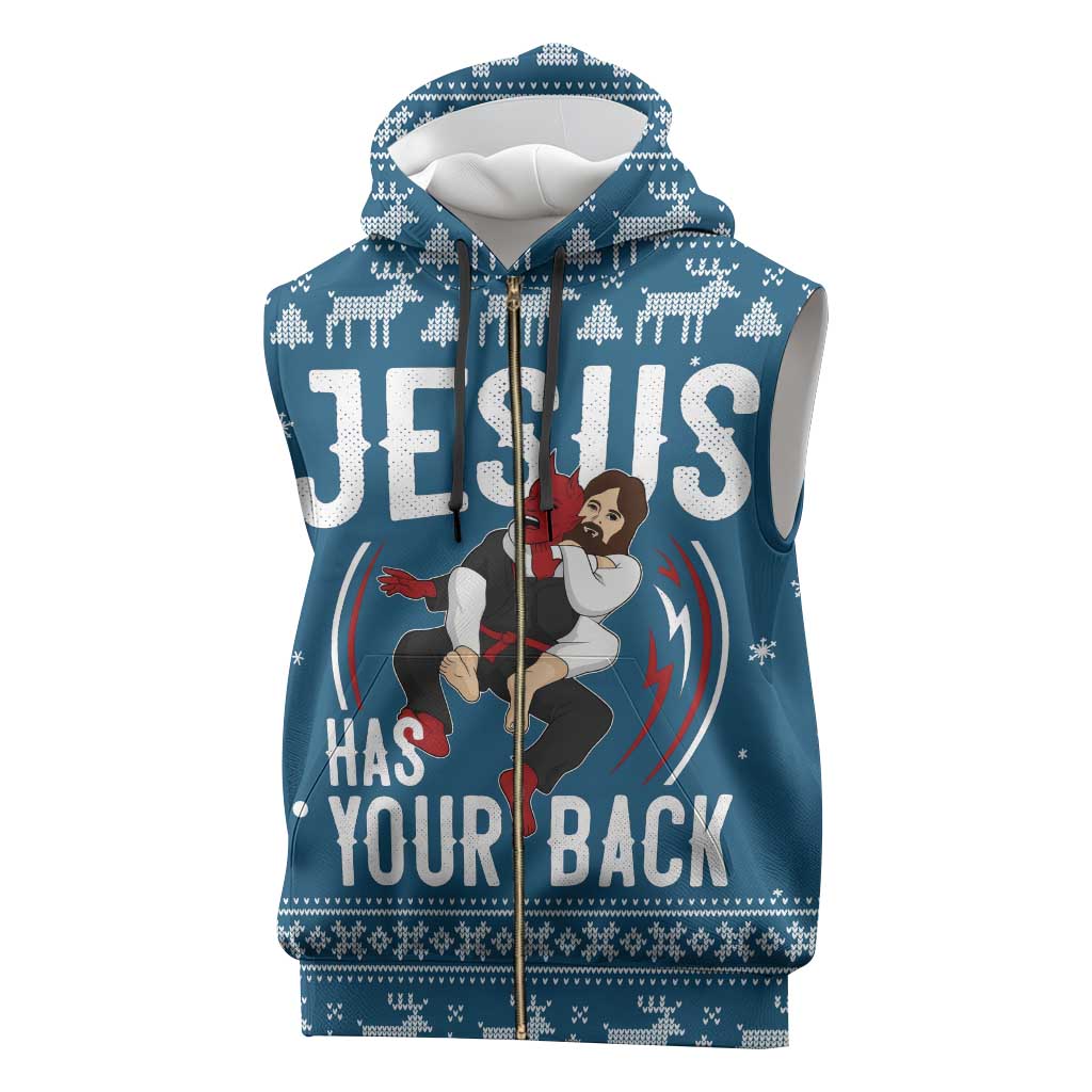 Jesus Has Your Back Jiu Jitsu Christmas Sleeveless Zip Hoodie Funny Xmas Holiday Patterns - Wonder Print Shop