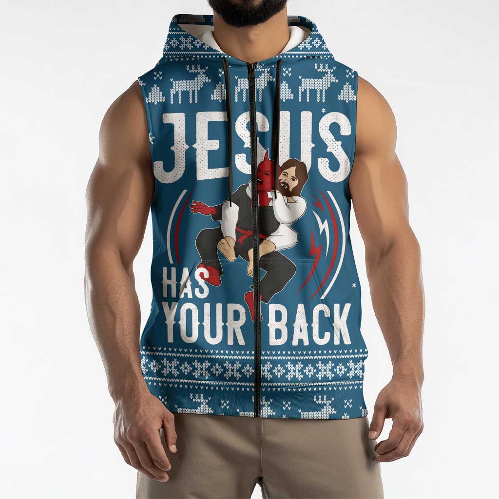 Jesus Has Your Back Jiu Jitsu Christmas Sleeveless Zip Hoodie Funny Xmas Holiday Patterns - Wonder Print Shop
