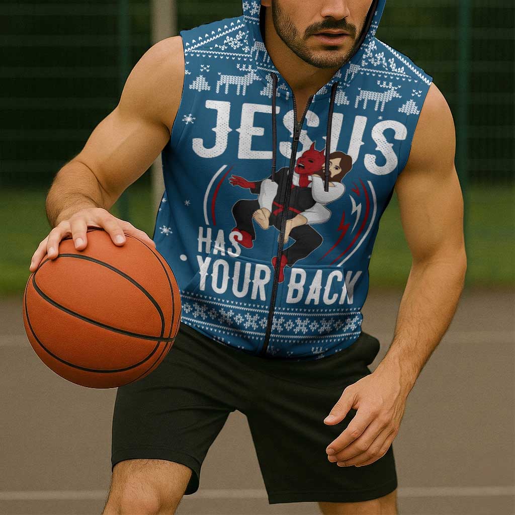 Jesus Has Your Back Jiu Jitsu Christmas Sleeveless Zip Hoodie Funny Xmas Holiday Patterns - Wonder Print Shop