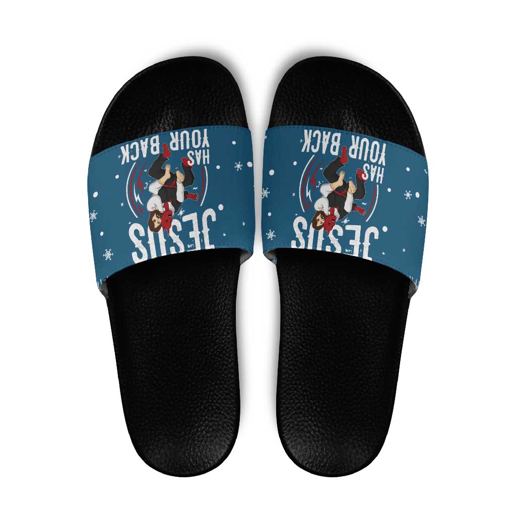 Jesus Has Your Back Jiu Jitsu Christmas Slide Sandals Funny Xmas Holiday Patterns - Wonder Print Shop