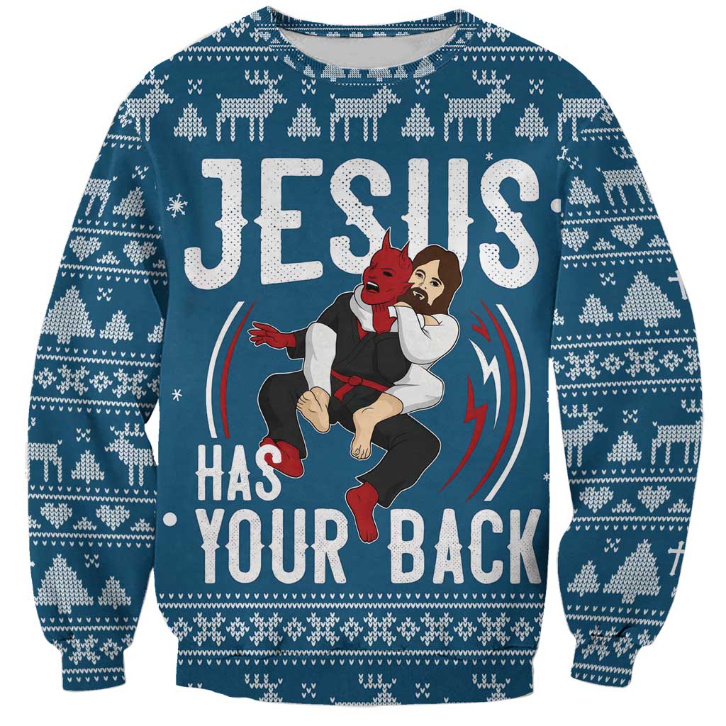 Jesus Has Your Back Jiu Jitsu Christmas Sweatshirt Funny Xmas Holiday Patterns - Wonder Print Shop